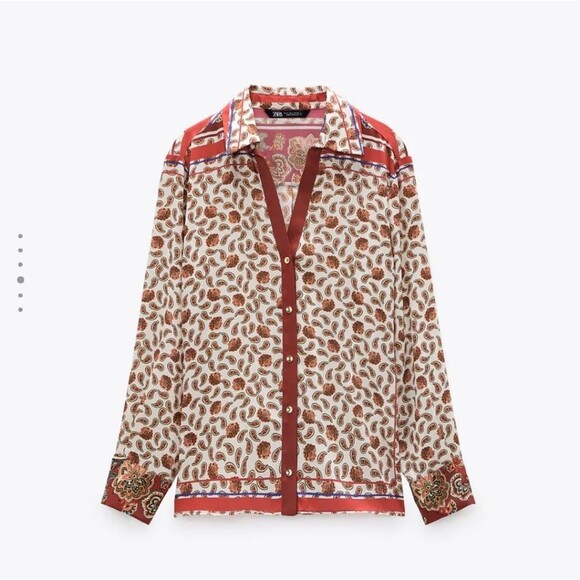 Zara Paisley Floral Printed Satin Button Front Shirt Blouse Women's Medium - Picture 4 of 16